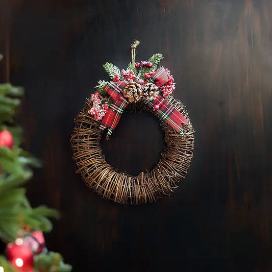 Corona di Natale da appendere Ghirlanda di Natale in Vimini con Pigne e Tartan Diametro 24 cm