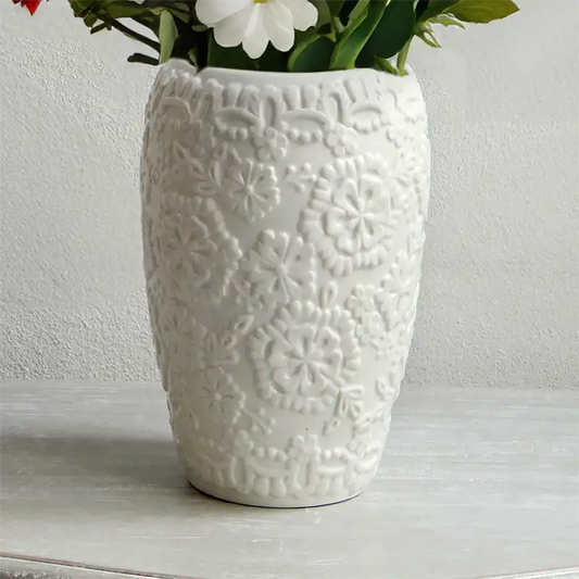 Vaso da Fiori Vaso per Interni in Ceramica Shabby Chic Collezione Flower Colore Avorio Chiaro 15x24