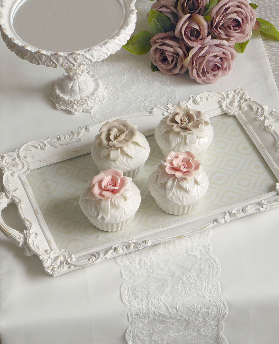 Cofanetto Ceramica Opaca Shabby Chic Cupcake Singola Rosa Colore Bianco / Beige 9x10