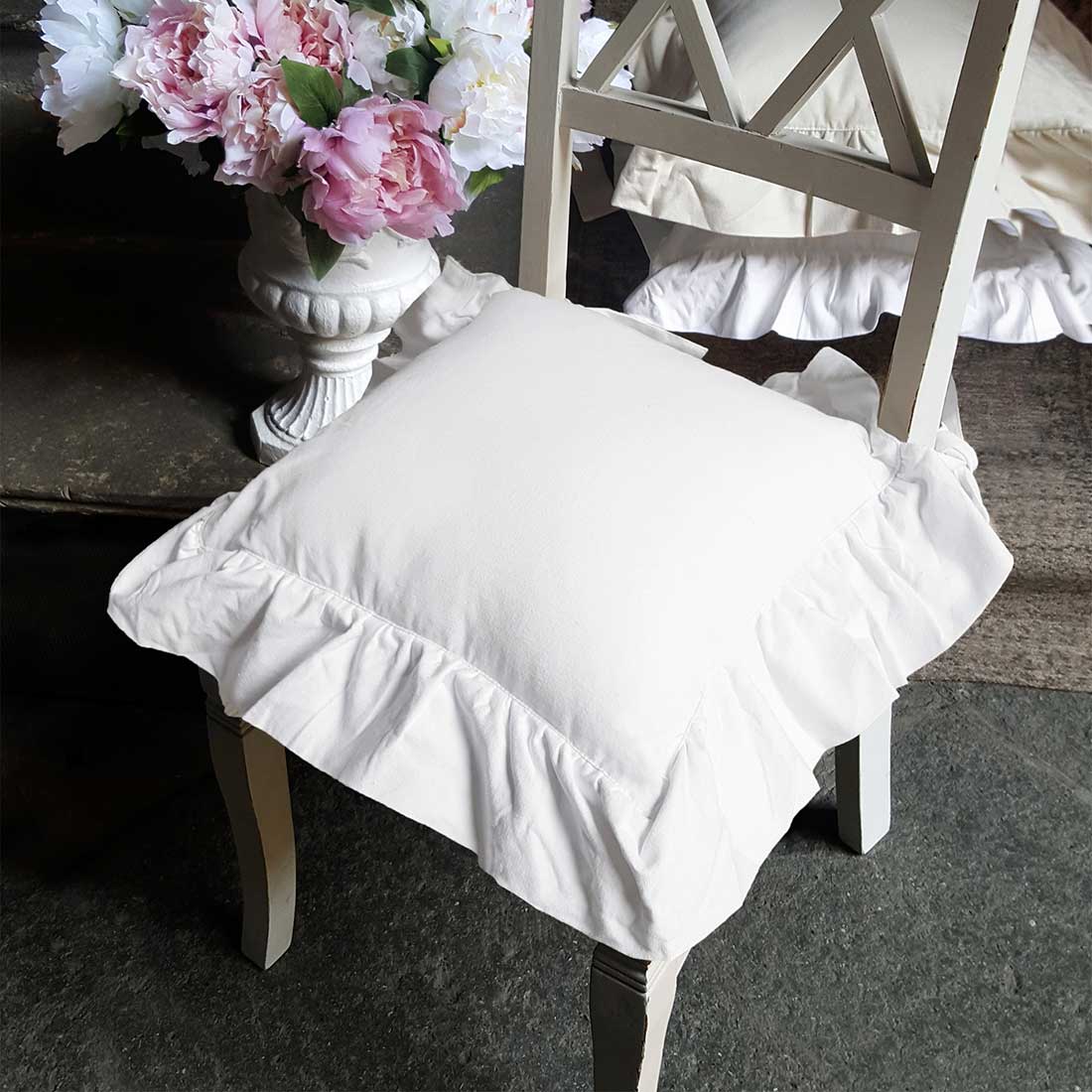 Cuscino per sedia Shabby Chic con Volant 40 x 40 Colore Bianco – Dressing  Home