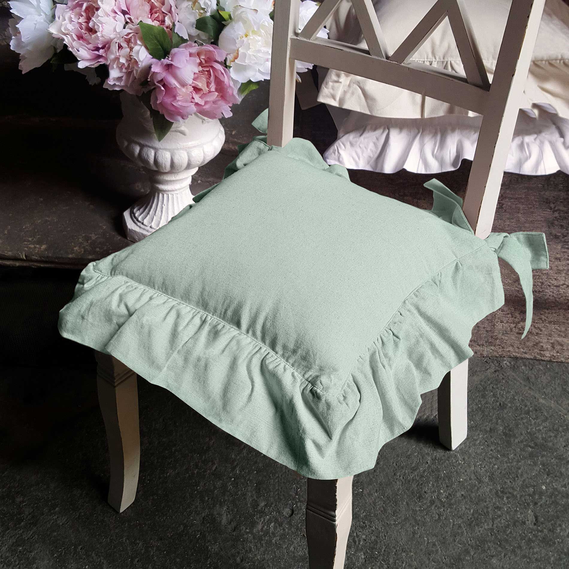 Cuscino per sedia Shabby Chic con Volant 40 x 40 Colore Verde Acqua Ch –  Dressing Home