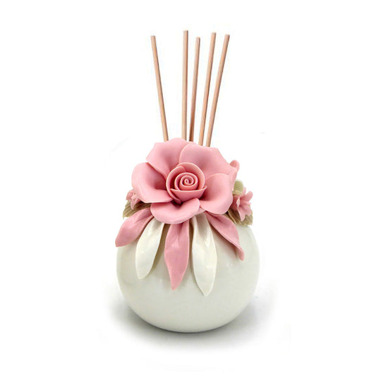 Porta Profumatore con Rose Ceramica Lucida Stile Shabby Chic Colore Bianco / Rosa