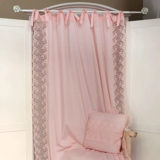Tenda in Cotone Shabby Chic con Pizzo 140x290 Colore Rosa Cipria