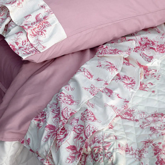 Completo letto matrimoniale con Volant Shabby Chic Collezione Jardin Colore Bianco / Rosa