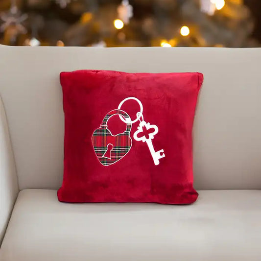 Cuscino Arredo di Natale in Pile Ricamato Collezione Christmas Romantic Lock Colore Rosso 45x45