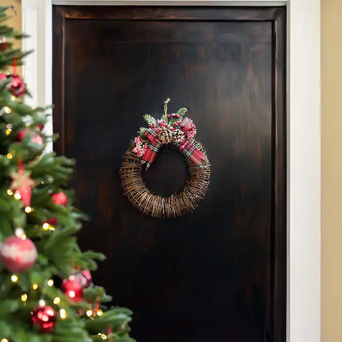 Corona di Natale da appendere Ghirlanda di Natale in Vimini con Pigne e Tartan Diametro 24 cm