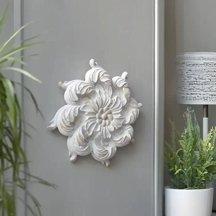 Fregio Decorativo da Muro Floreale Shabby Chic Colore Bianco Anticato Diametro 32 cm