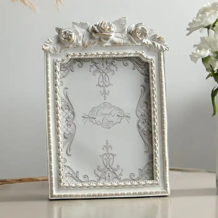 Cornice portafoto da Tavolo con Rose in Stile Shabby Chic Colore Bianco Anticato per fotografie 10 x 15 cm