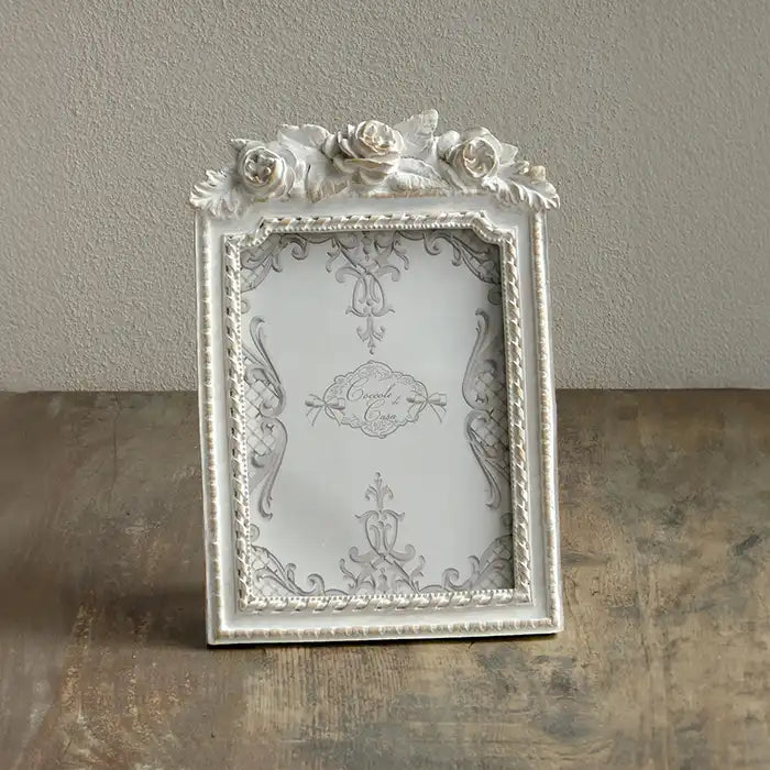 Cornice portafoto da Tavolo con Rose in Stile Shabby Chic Colore Bianco Anticato per fotografie 13 x 18 cm