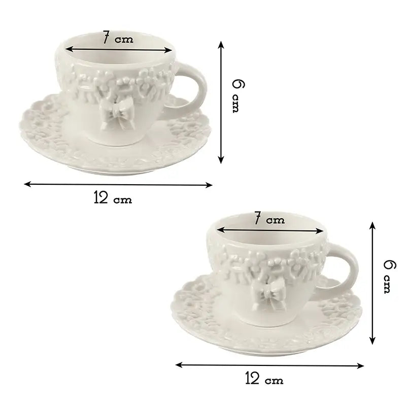 Set 2 Tazze da caffè con piattino Shabby Chic Ceramica Collezione Flower Colore Avorio Chiaro