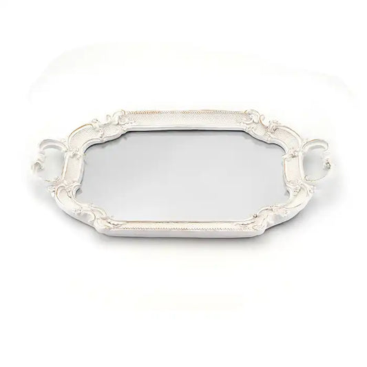 Vassoio Decorativo con Specchio e Manici Shabby Chic Colore Bianco Anticato 20x36