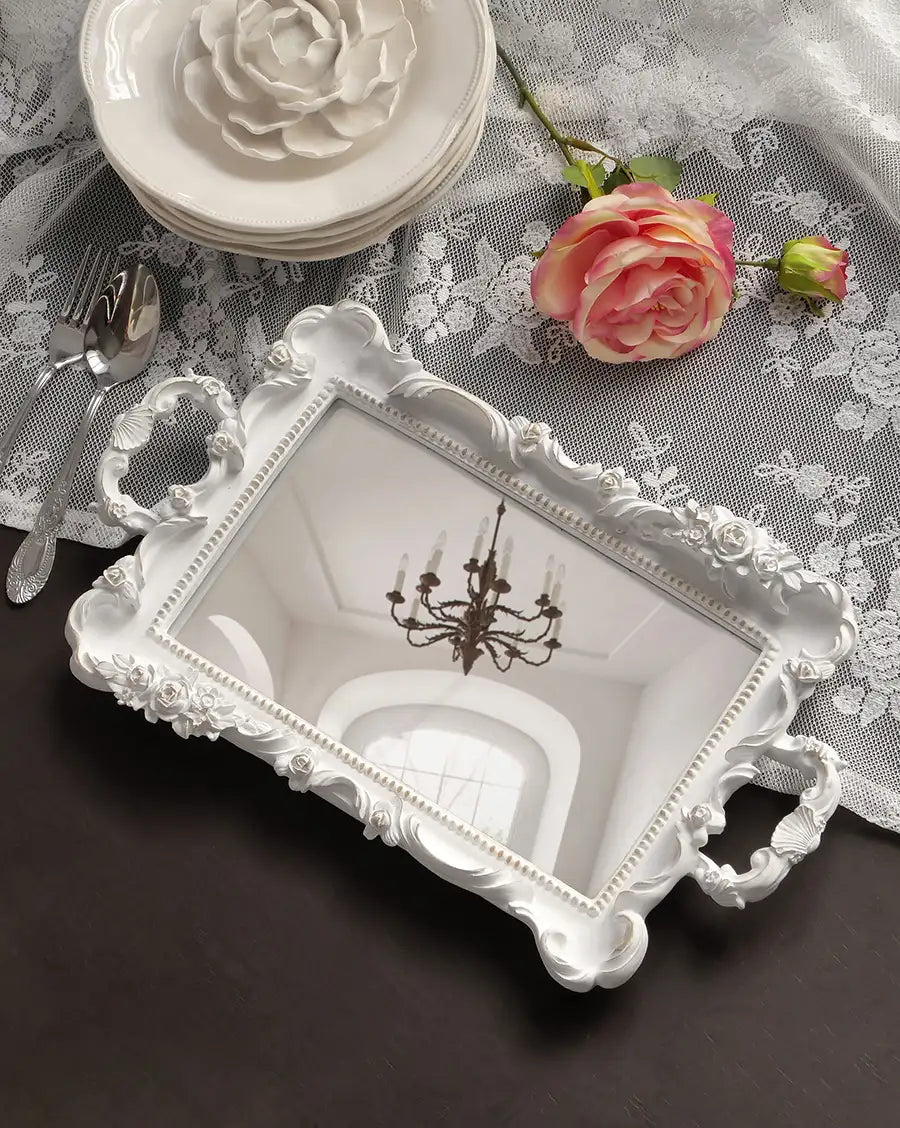 Vassoio Decorativo con Specchio e Manici Shabby Chic Colore Bianco Anticato 25x45