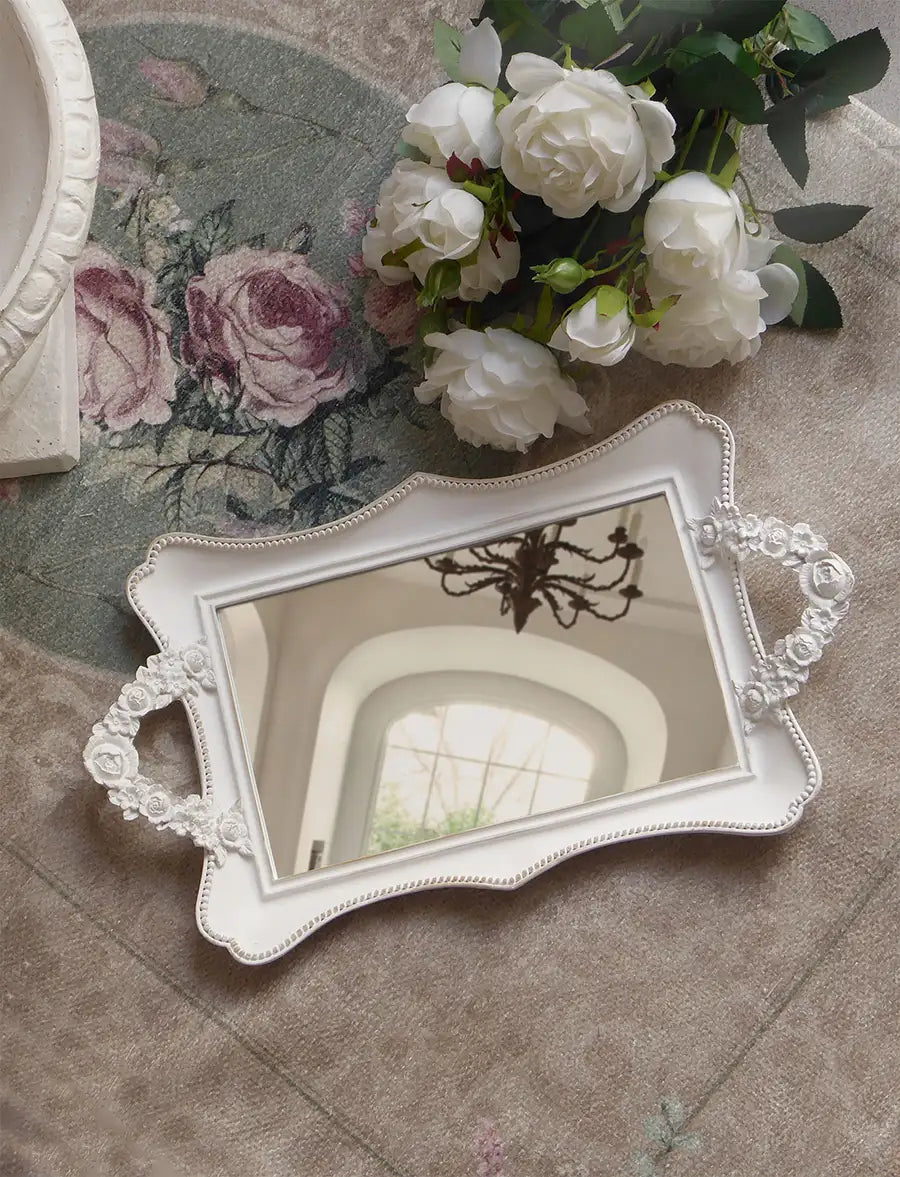 Vassoio Decorativo con Specchio e Manici Shabby Chic Colore Bianco Anticato 24x42