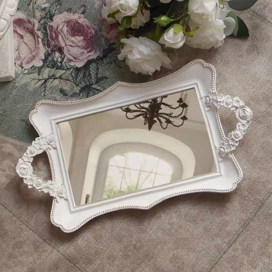 Vassoio Decorativo con Specchio e Manici Shabby Chic Colore Bianco Anticato 24x42