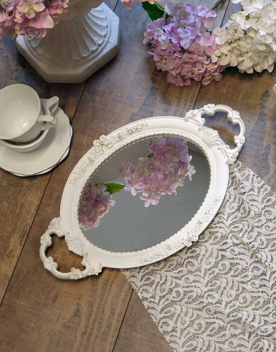Vassoio Decorativo Ovale con Specchio Shabby Chic Decoro Fiocco Colore Bianco Anticato 24x41