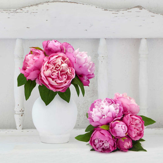 Bouquet 6 Peonie Artificiali in Seta Stile Shabby Chic Colore Fucsia / Rosa