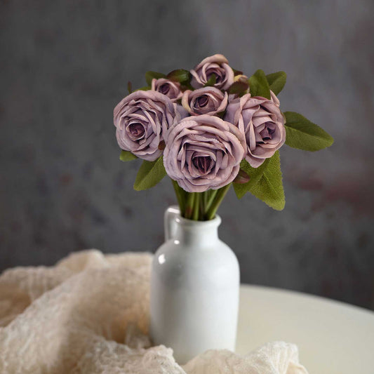 Strauß 7 künstliche Rosen aus Seide im Shabby-Chic-Stil in Mauve-Farbe