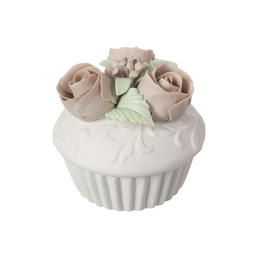 Cofanetto Ceramica Opaca Shabby Chic Cupcake Boccioli Colore Bianco / Beige 8x10