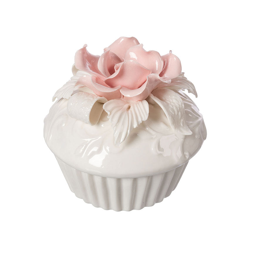 Cofanetto Ceramica Lucida Shabby Chic Cupcake Singola Rosa Colore Bianco / Rosa 9x10