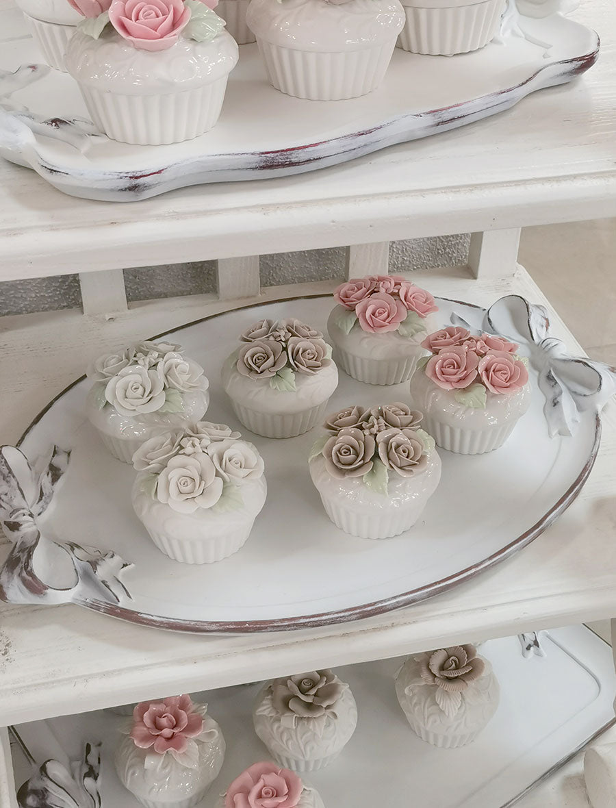 Cofanetto Ceramica Opaca Shabby Chic Cupcake Rose Colore Bianco / Rosa 8x10