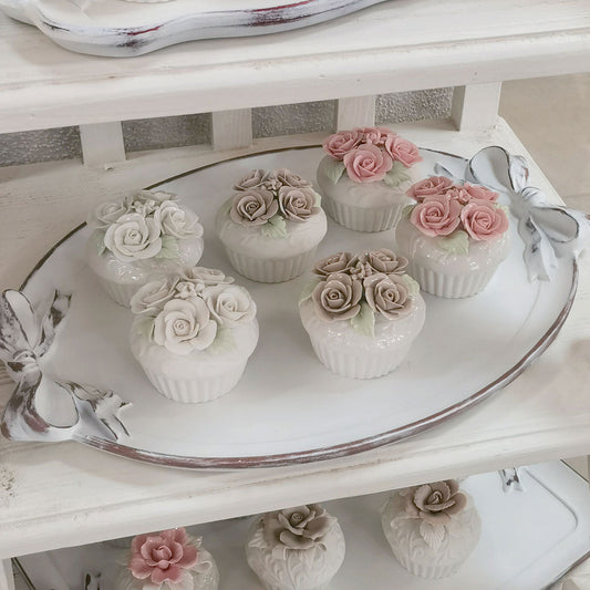 Cofanetto Ceramica Lucida Shabby Chic Cupcake Rose Colore Bianco / Beige 8x10