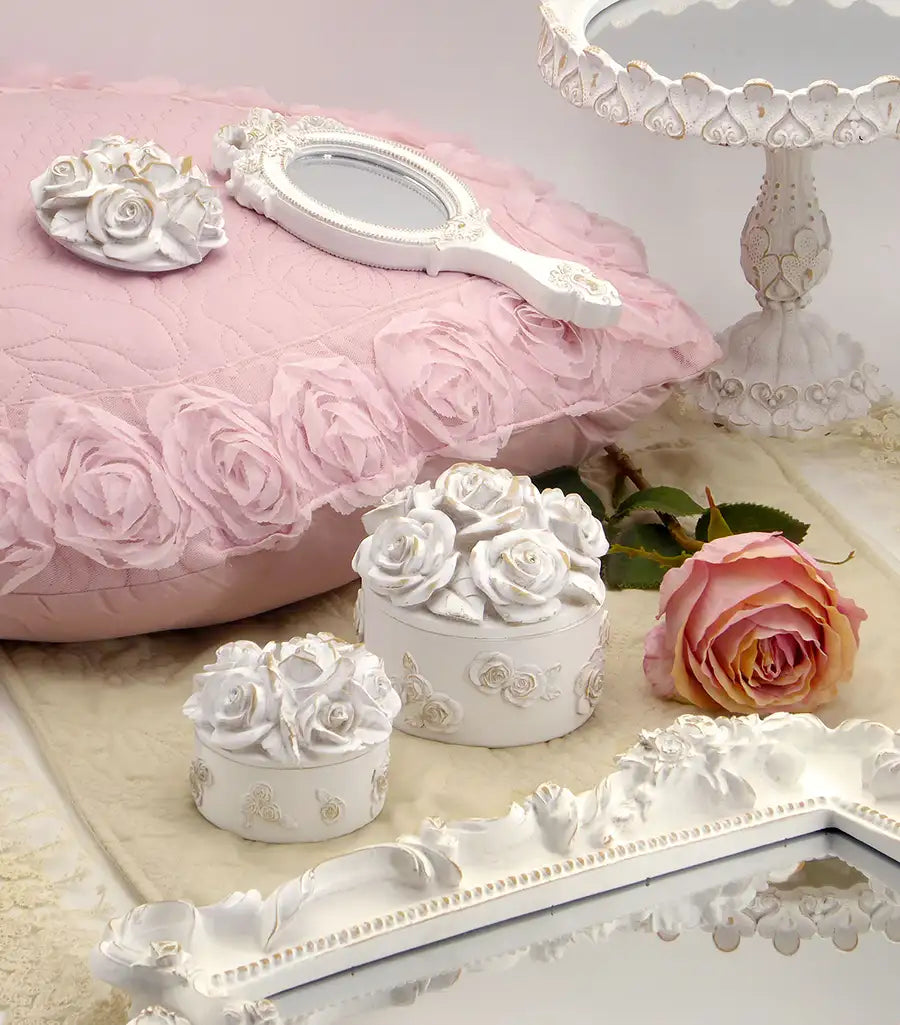 Cofanetto Portagioie Tondo con Rose Vintage Shabby Chic Colore Bianco Anticato 8x7