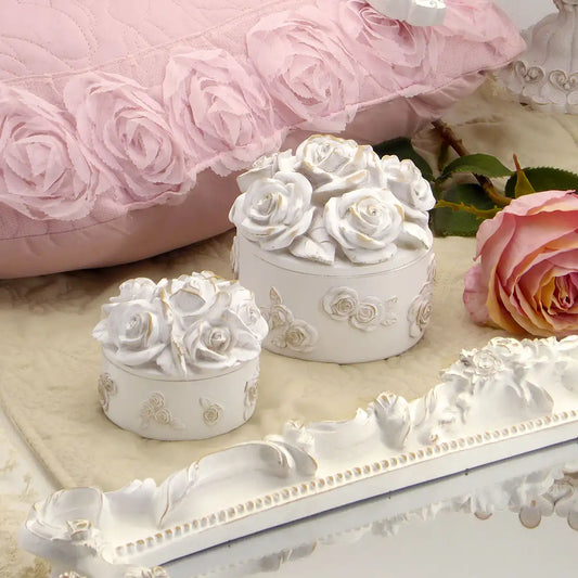Cofanetto Portagioie Tondo con Rose Vintage Shabby Chic Colore Bianco Anticato 8x7