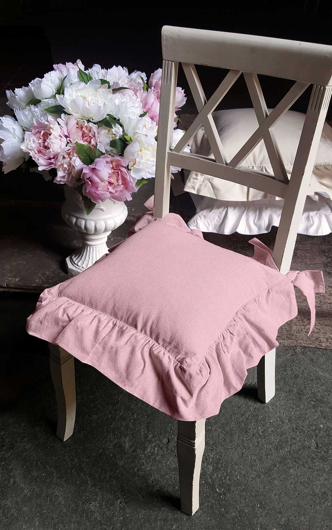 Cuscino per sedia Shabby Chic con Volant 40 x 40 Colore Rosa Antico