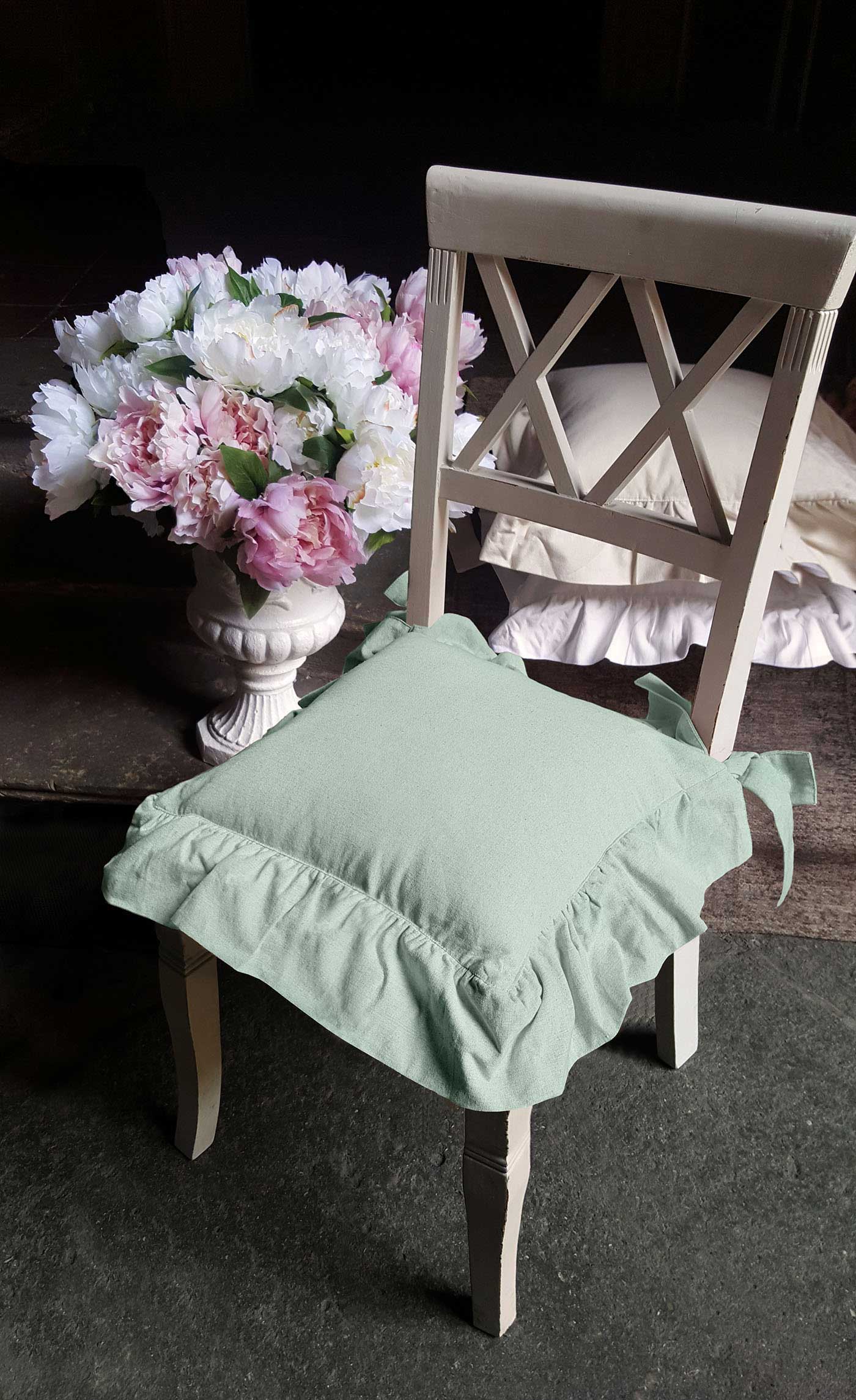 Cuscino per sedia Shabby Chic con Volant 40 x 40 Colore Verde Acqua Chiaro