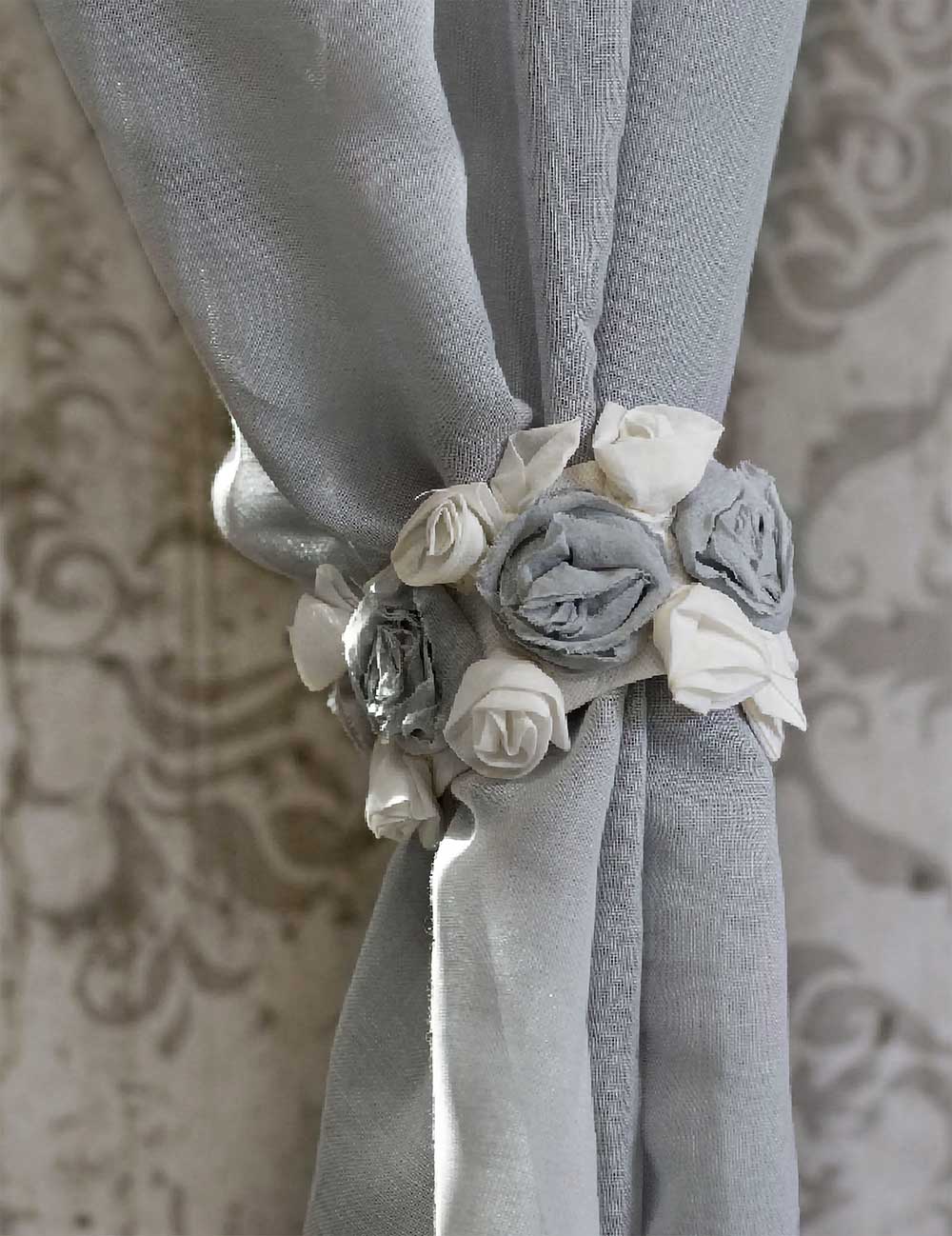 Embrasse Shabby Chic Vorhang Rückenlehne Farbe Weiß / Grau 100% Baumwolle Länge 40 cm