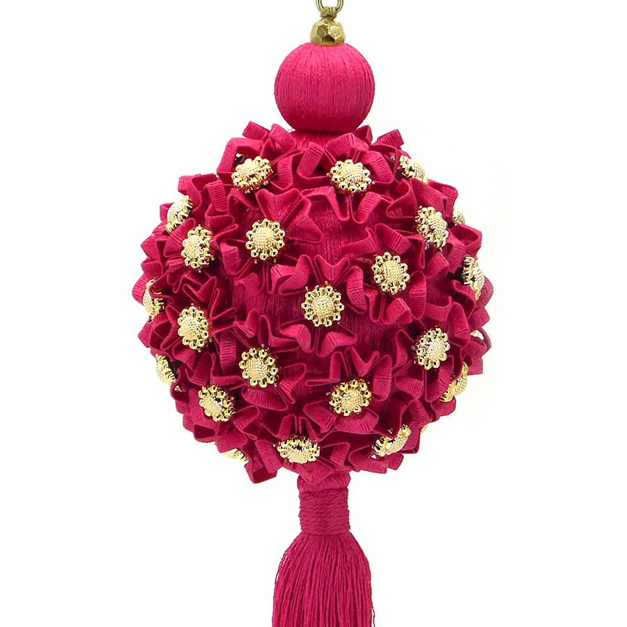 Palla Albero di Natale Shabby Chic con Strass e Nappa Flower Collection Colore Fucsia Diametro 8 cm