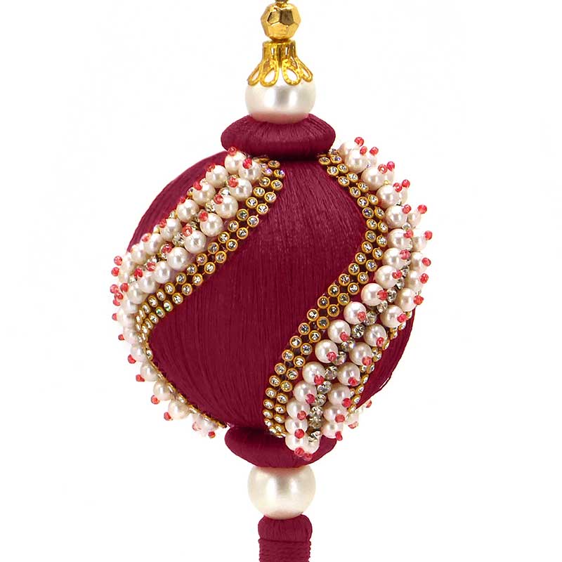 Palla Albero di Natale Shabby Chic con Perle Strass e Nappa Colore Borgogna Diametro 8 cm