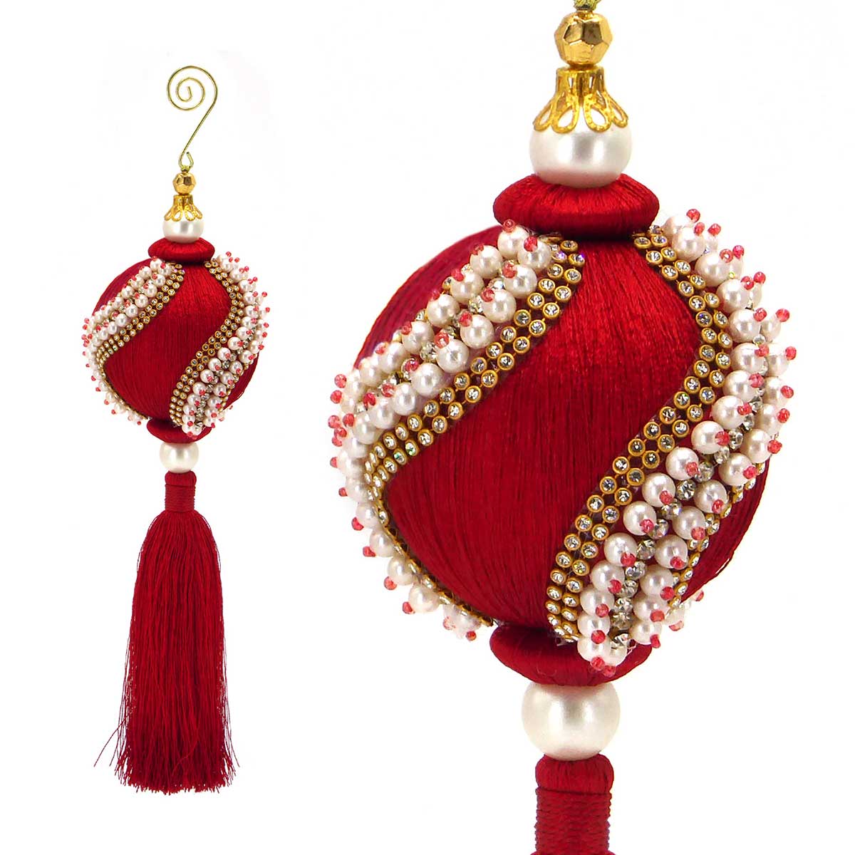 Palla Albero di Natale Shabby Chic con Perle Strass e Nappa Colore Rosso Diametro 8 cm