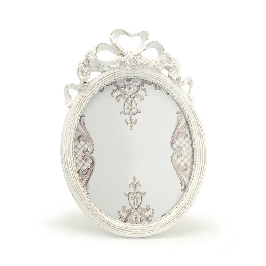 Cornice portafoto Ovale con Nodo a Fiocco e Rose Shabby Chic Colore Bianco Anticato per fotografie 13 x 18 cm
