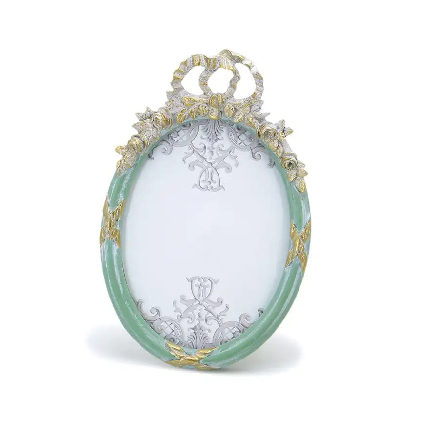 Cornice portafoto Ovale con Nodo a Fiocco e Rose Shabby Chic Colore Verde Chiaro / Oro per fotografie 20 x 25 cm
