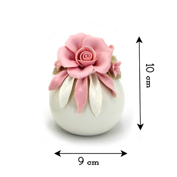 Porta Profumatore con Rose Ceramica Lucida Stile Shabby Chic Colore Bianco / Rosa