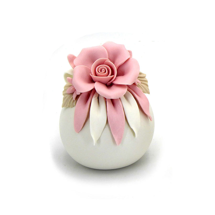 Porta Profumatore con Rose Ceramica Opaco Stile Shabby Chic Colore Bianco / Rosa