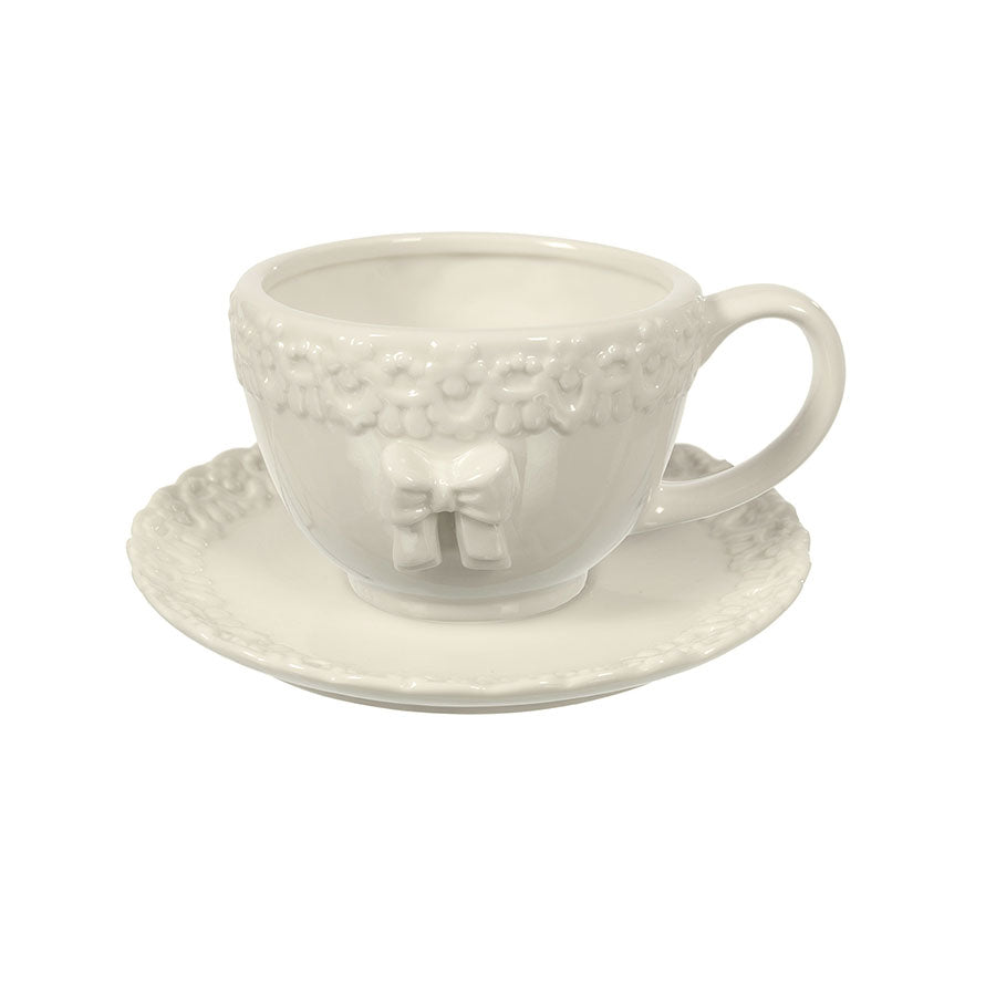 Set mit 2 Teetassen und Untertassen im Shabby-Chic-Porzellandekor mit Rosen in weißer Farbe