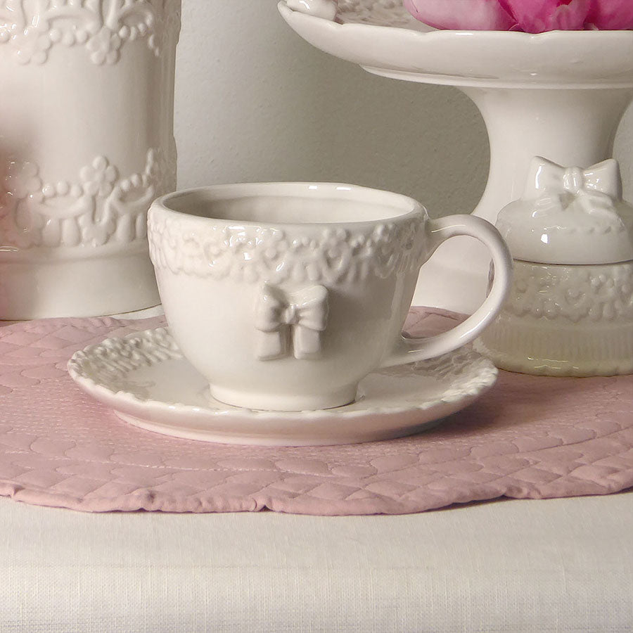 Set 2 Tazze da tè con piattino Shabby Chic Ceramica Collezione Flower Colore Avorio Chiaro