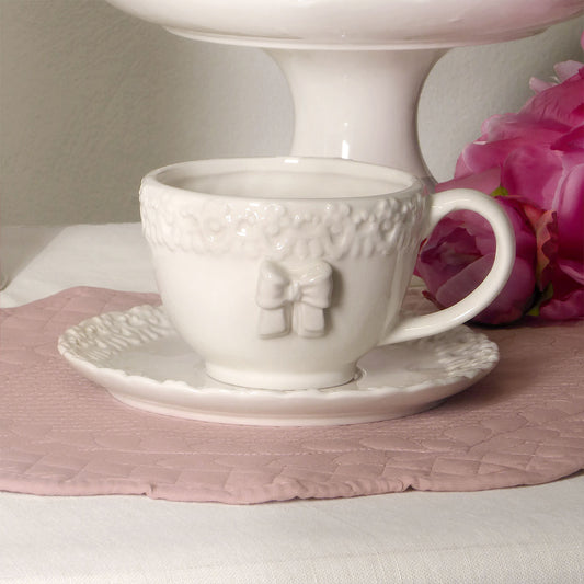 Set 2 Tazze da tè con piattino Shabby Chic Ceramica Collezione Flower Colore Avorio Chiaro