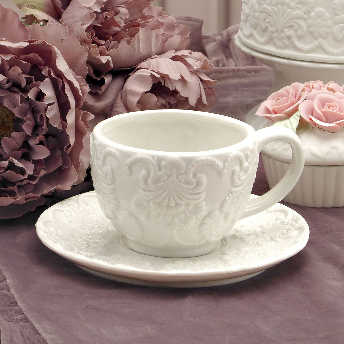 Set 2 Tazze da tè con piattino Shabby Chic Ceramica Collezione Daphne Colore Avorio Chiaro