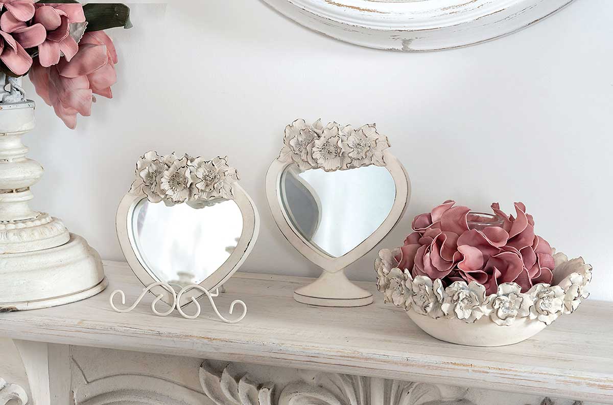 Tischspiegel mit Shabby-Chic-Stütze, Blumendekor, Antik-Elfenbein-Farbe