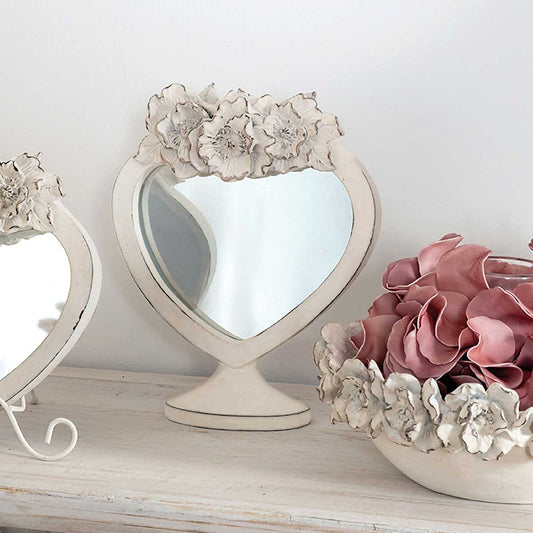 Shabby Chic Herz Tischspiegel Blumendekor Antik Elfenbein Farbe
