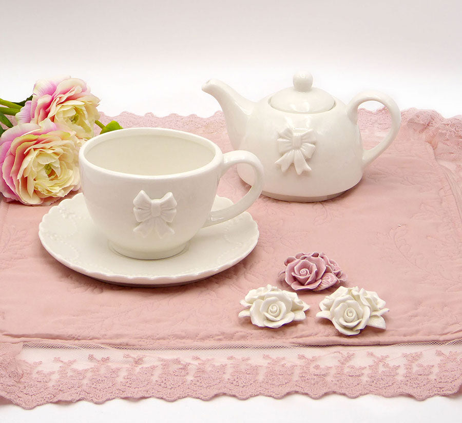 Tea for One Shabby Chic Ceramica Bow Collection Colore Avorio Chiaro 18 x 19