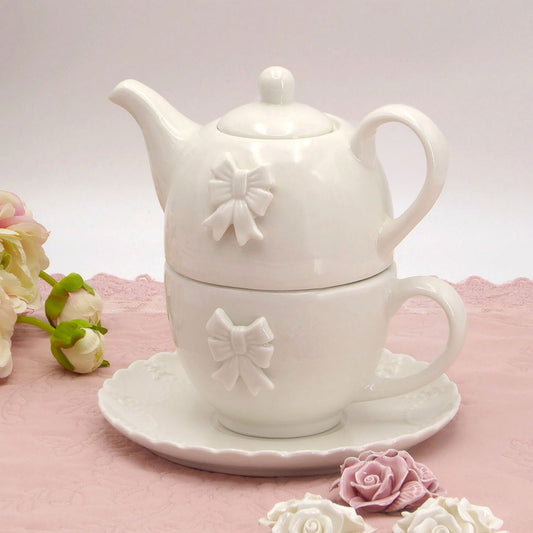 Tea for One Shabby Chic Ceramica Bow Collection Colore Avorio Chiaro 18 x 19