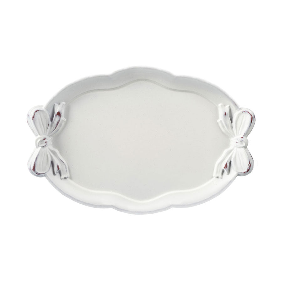 Vassoio Decorativo Ovale Legno con Fiocchi Stile Shabby Chic Colore Bianco Anticato 26x41