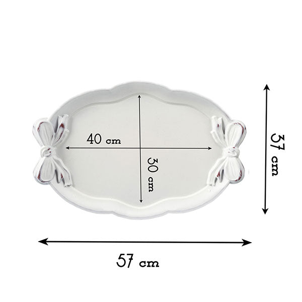 Vassoio Decorativo Ovale Legno con Fiocchi Stile Shabby Chic Colore Bianco Anticato 37x57