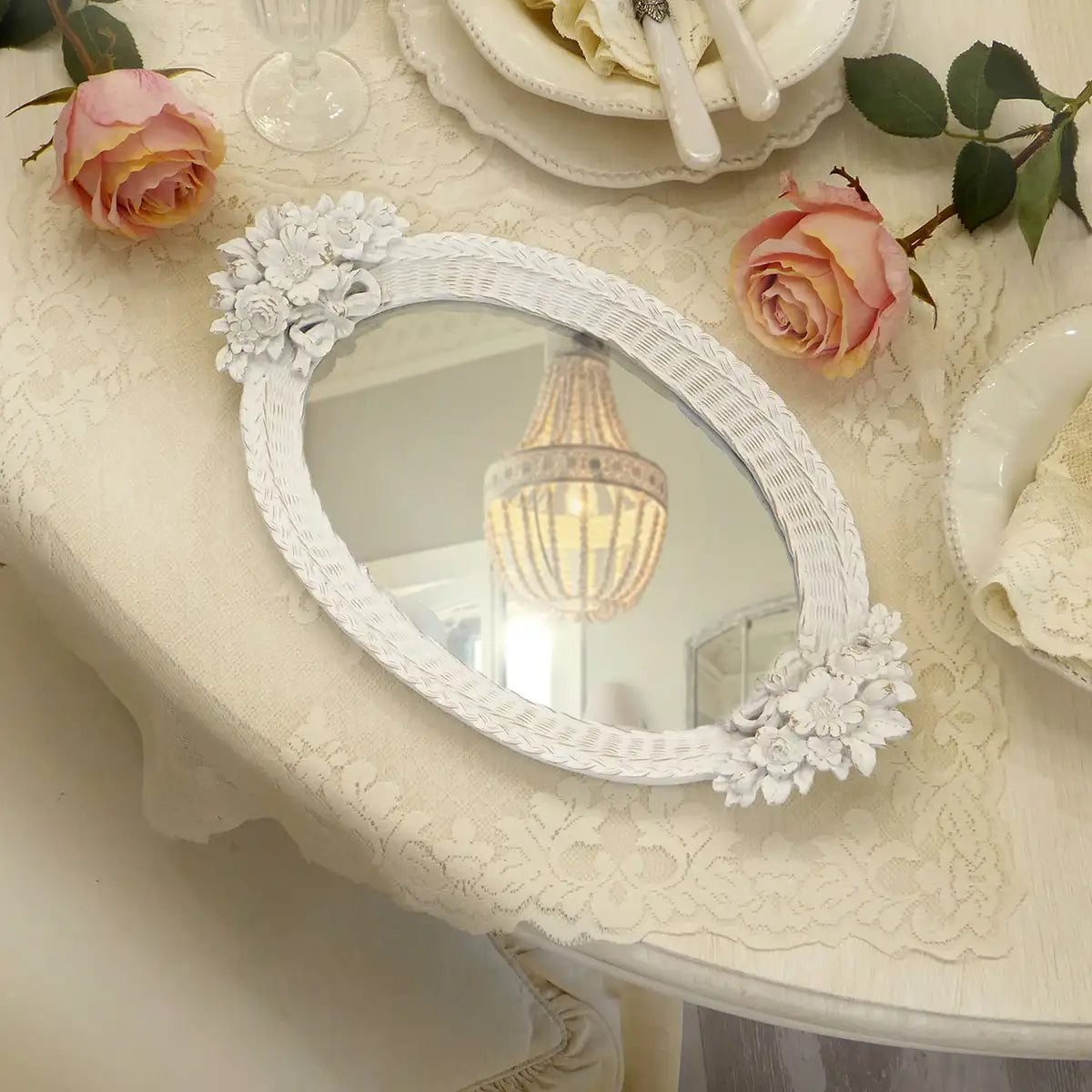 Vassoio Decorativo Ovale con Specchio Shabby Chic Colore Bianco Anticato 23x40
