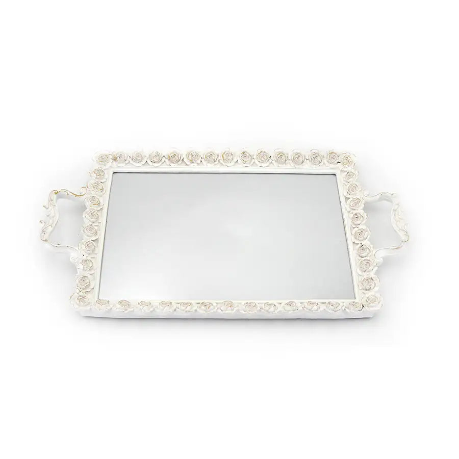 Vassoio Decorativo Rettangolare con Specchio Shabby Chic Decoro Rose Colore Bianco Anticato 23x39